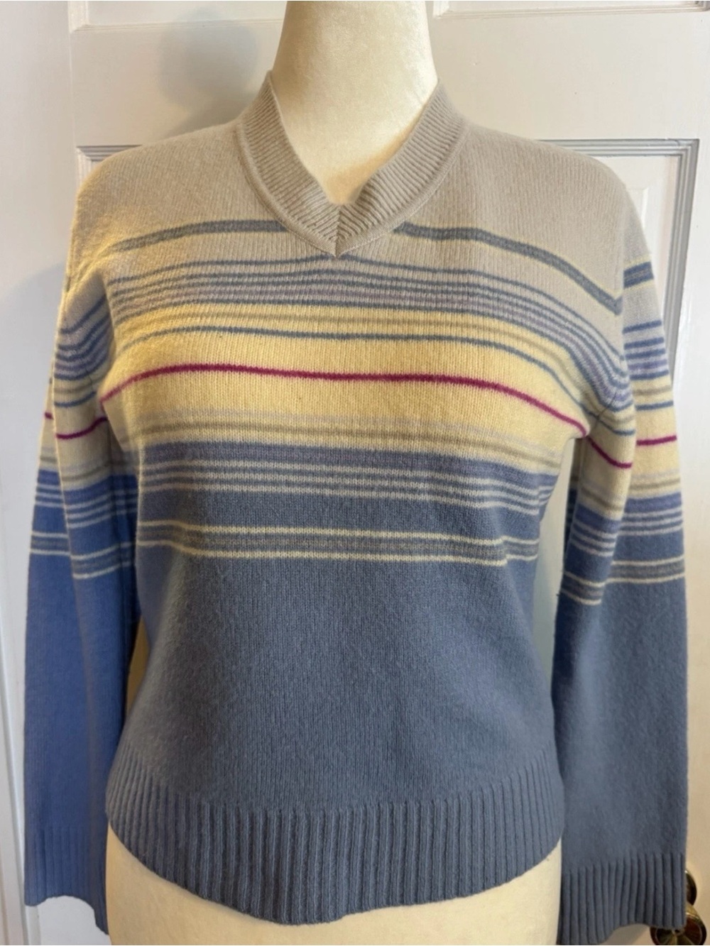 Title: J.Crew 100% Lambswool Striped V-Neck Sweater Women’s Medium Blue Cream